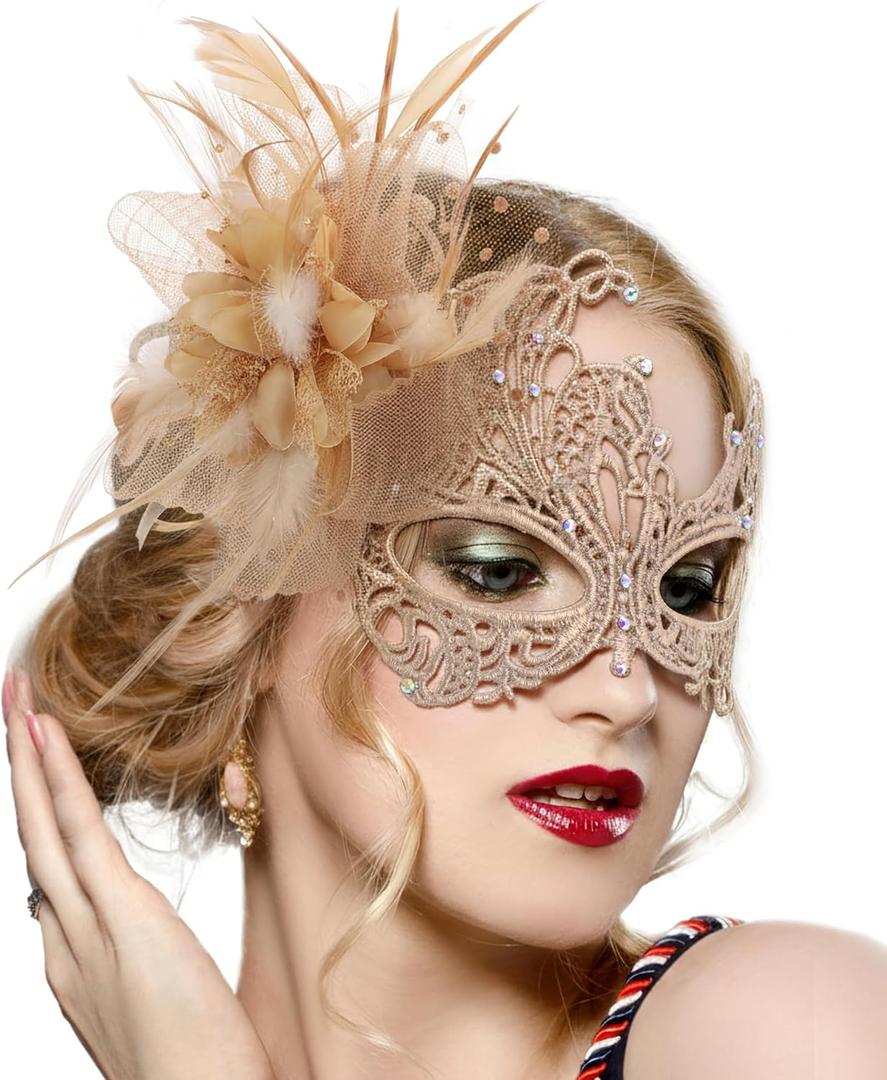 Zinniday Lace Masquerade Masks for Women - Halloween Elegant Venetian Flower Mask 1920s 50s Party Eyemask for Woman (Gold)
