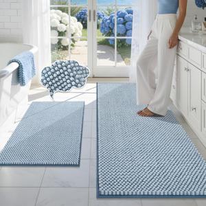 BSICPRO Bathroom Rugs Set 2 Piece-Chenille Bath Mats Non Slip-Thick Soft Absorbent Beach Bath Rug-Shower Floor Mat Machine Washable-Bathroom Decor Accessories (Light Blue, 20" x 47" Plus 20" x 32")