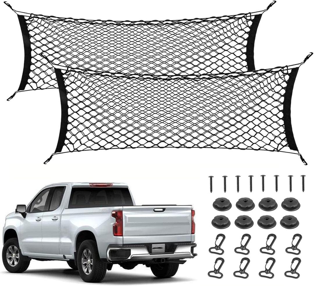 2pcs Truck Bed Cargo Net for Pickup, 52''- 66'' Heavy Duty Envelope Truck Trunk Cargo Storage Organizer Mesh Net Truck Bed Accessories for Ford F150 Chevy Silverado WT LS LTZ GMC Sierra (4.3ft-5.5ft)