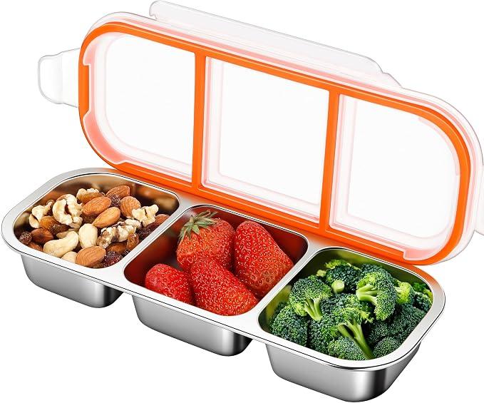 6 Pack Leakproof Stainless Steel Snack Containers with Lids, Reusable 3 Compartment Lunch Container, Stackable Snack Bento Box for Work, Travel & Picnic