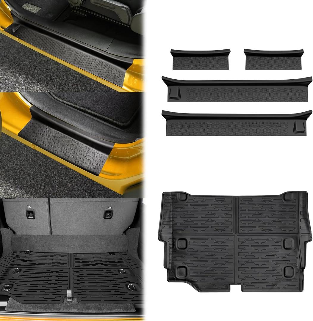 Trunk Mat with Door Sill Guards for 2021-2025 Jeep Wrangler JL Unlimited 4XE Accessories All Weather Rear Trunk Liner Door Sill Protector for 21-25 JL JLU 4XE 4 Door(Not for 4X4)