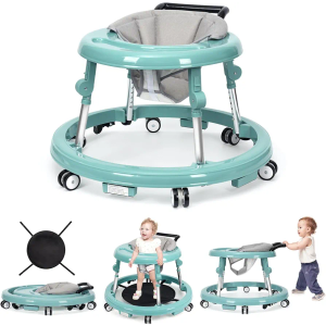 Wismind Baby Walker Foldable with 9 Adjustable Heights, Baby Walkers and Activity Center for Boys Girls Babies 6-12 Months, Baby Walker and Bouncer Combo with Wheels Portable Anti-Rollover