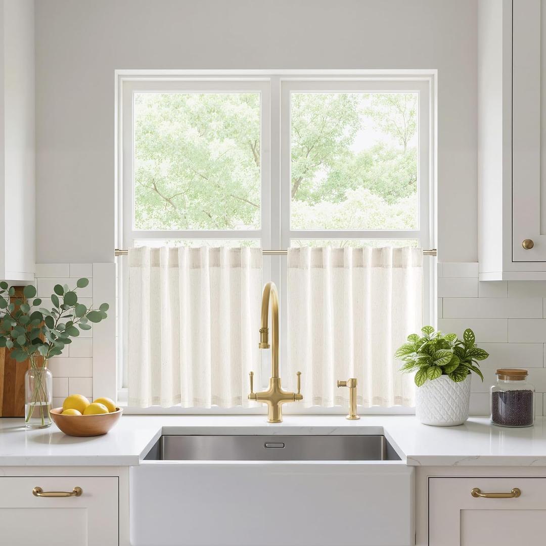 NICETOWN Cream Linen Kitchen Curtains 18 inches Long, Rod Pocket & Back Tab Thick Flax Blend Privacy with Light Filtering Short Window Treatments for Cafe, W55 x L18, 2 Panels