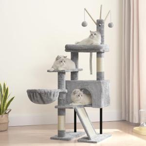Cat Tree for Indoor Cats, Cat Tower with Scratching Post for Small Cats and Kittens, Cat House with Removable Top Platform and Fluffy Balls, Hanging Cat Basket, Light Gray GCT006SW (49.2 inches)