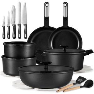 CAROTE 25pcs Pots and Pans Set Non Stick, Cookware Sets, Kitchen Set, Oven/Dishwasher/Fridge Safe, Space Saving Pots Set, Nonstick Set with Versatile Detachable Handle with Knife Set, Jet Black