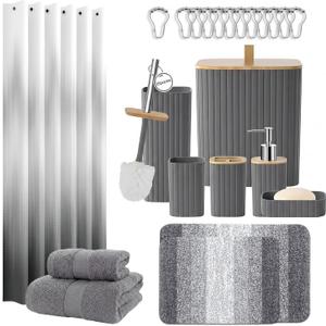 Bathroom Accessories Set - Bathroom Set with Shower Curtain and No Slip Rugs, Trash Can, Toilet Brush Holder Set, Soap Dispenser & Bath Towels - Stylish Bath Decor for Home, Apartment, Grey, 25PCS