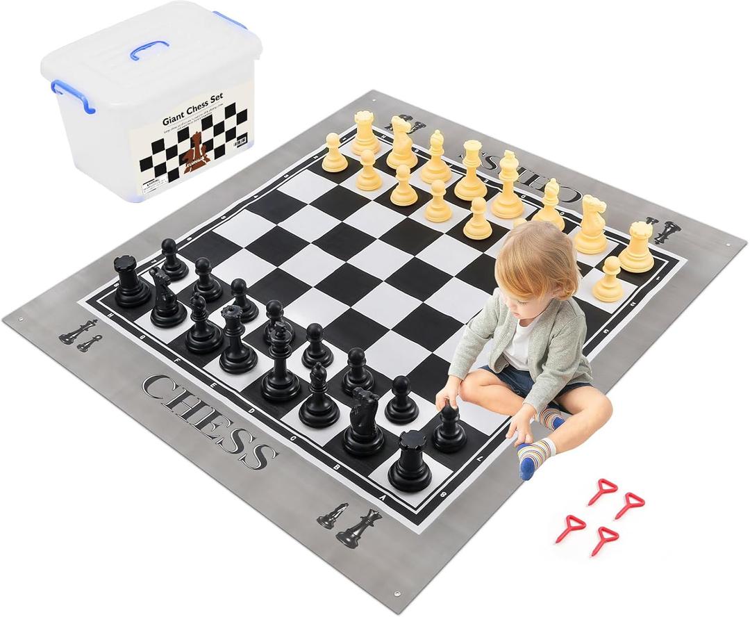 Giant Outdoor Chess Set Oversized Plastic Chess Pieces with Bases Lightweight 71" Chess Mat Floor Games for Kids and Adults - 9.8 Inches Tall King & Storage Bins with Lids