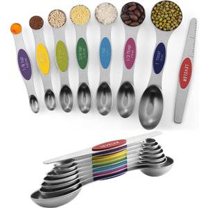 ChefAide Pack of 8 Stainless Steel Magnetic Measuring Spoons Set, Dual Sided, Stackable, Adjustable Teaspoon and Tablespoon Measure Spoon with Leveler, Kitchen Gadgets (Multicolor)