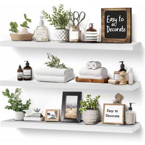 3-Pack Floating Wall Shelves, 24-Inch Rustic White Wooden Shelves for Storage and Dcor, Easy Installation for Living Room, Bedroom, and Kitchen, 24"-set of 3