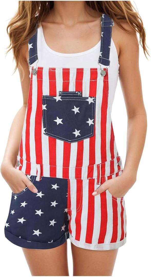 Kids 4th of July Outfit Boy American Flag Overall Girl Stretch Denim Jumpsuit USA Shorts Jumpsuit (Medium, Mom Striped Red)