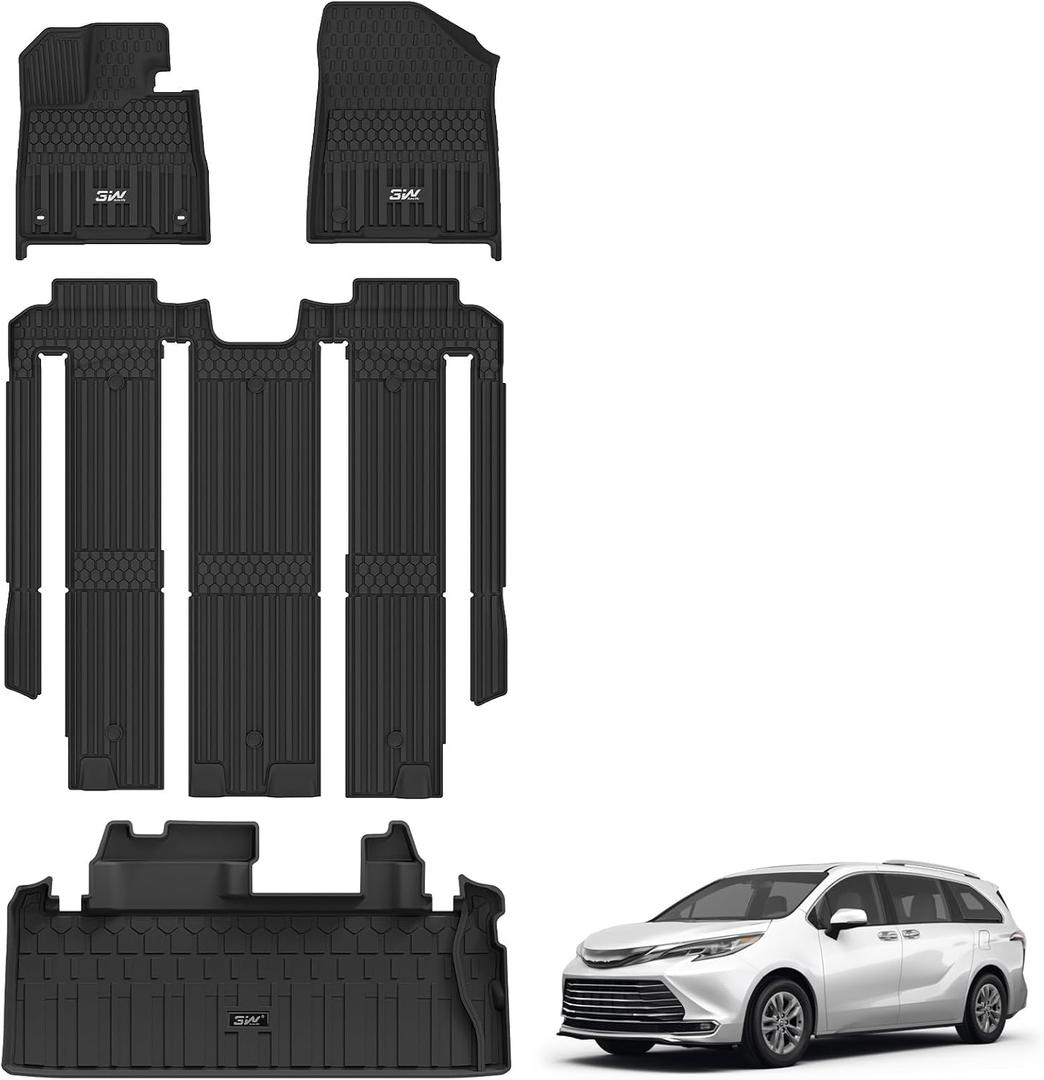 3W Floor Mats&Cargo Liner for Toyota Sienna 2021-2026 7 Seat (Not Fit 25 26 Platinum) TPE Custom Fit Floor Liner for Sienna XLE/XSE/Limited Full Set and Trunk Mat(w/o Spare tire)
