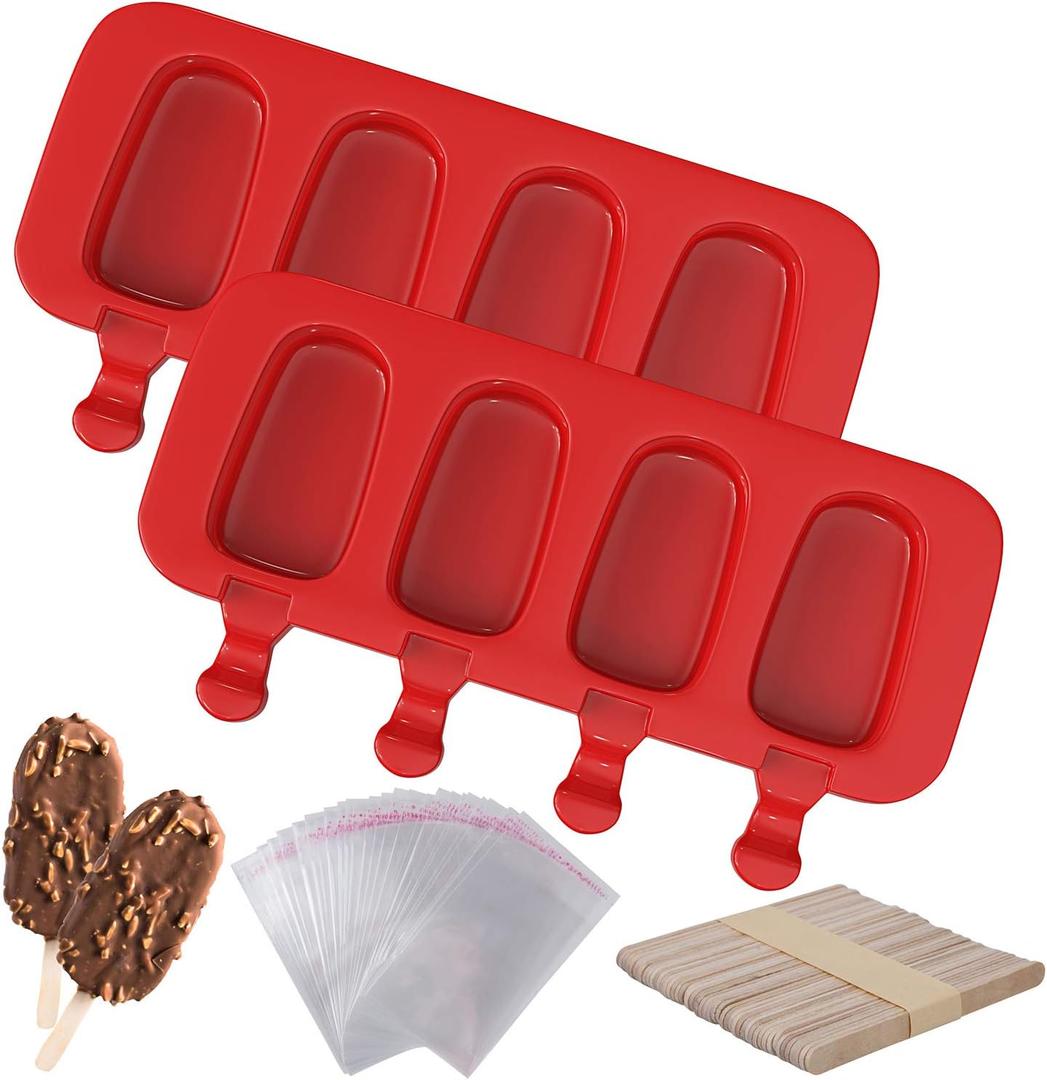 Ozera 2 Pack Popsicles Molds, Homemade Cake Pop Molds Cakesicle Molds Silicone Popcical Molds, 4 Cavities Ice Pop Cream Molds Maker with 50 Wooden Sticks & 50 Popsicle Bags for DIY Popsicles (Red)