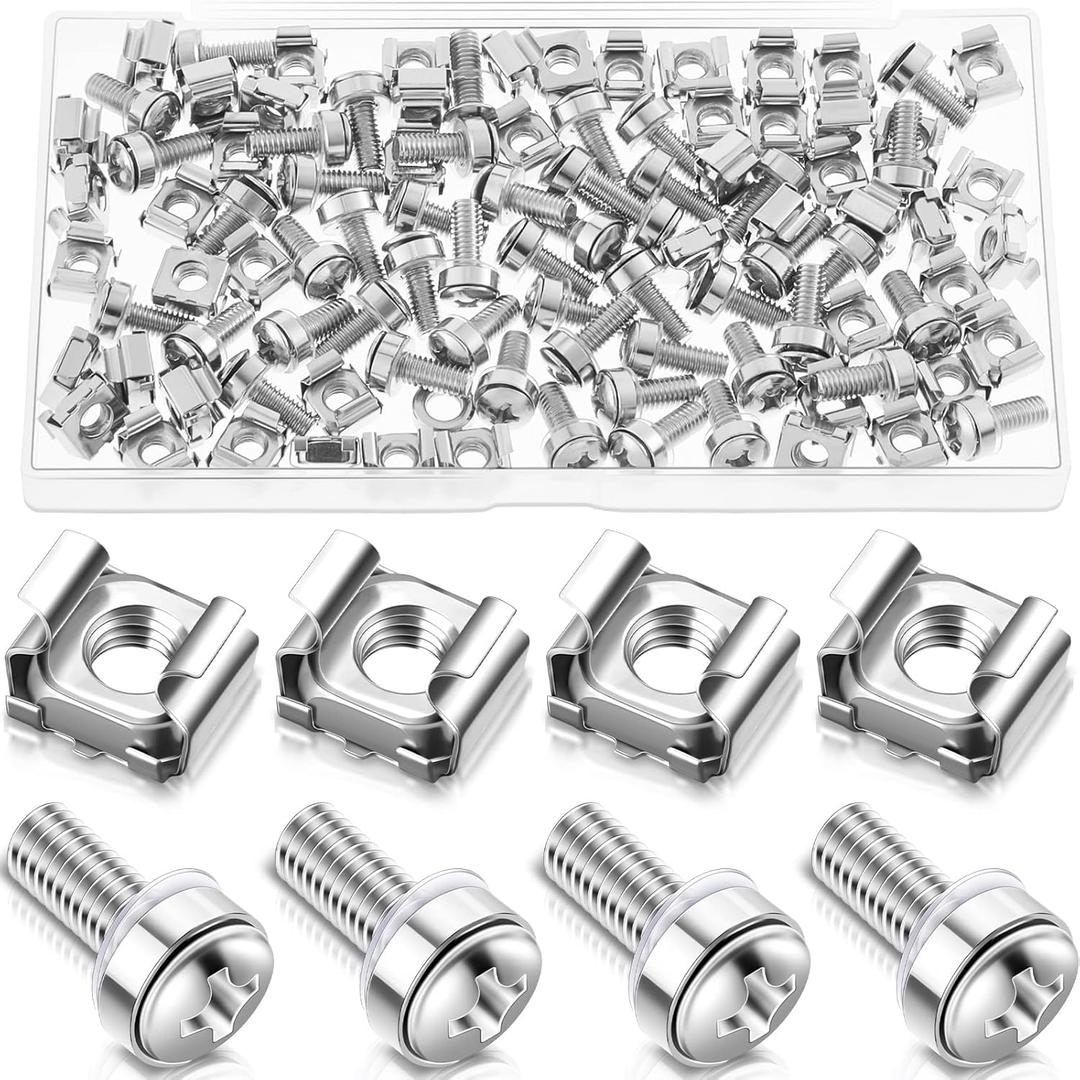 100 Sets M6 x 20 mm Rack Mount Cage Nuts, Screws and Washers for Rack Mount Server Cabinet Stainless Steel Silver Mounting Screws and Square Insert Nuts for Server Mounting Routers Shelves