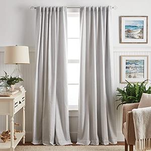 Martha Stewart Ticking Stripe Blackout Lining Rod Pocket/Back Tab Window Curtain Panel Pair, 95", White/Grey, 50"W x 95"L (Pack of 2)