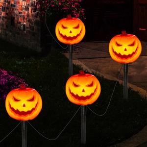 Halloween Pathway Lights, Set of 4 Halloween Pumpkin Stake Lights with 5 C7 LED Light Bulbs(1 Spare), Connectable Pumpkin Light for Path Walkway Driveway Garden Decorations (Orange Smiley Pumpkin)