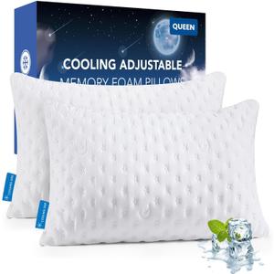 Cooling Side Sleeper Pillow for Neck and Shoulder Pain, Luxury Shredded Memory Foam Pillows for Sleeping, Firm Bed Pillows Queen Size Set of 2- Adjustable Queen Size- Washable Cover Original White