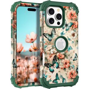 Hocase for iPhone 16 Pro Max Case, Heavy Duty Shockproof Protection Soft Silicone Rubber+Hard Plastic Bumpers Hybrid Protective Case for iPhone 16 Pro Max 2024 - Teal Green Butterflies