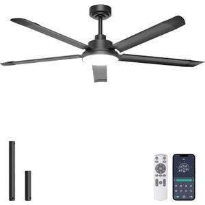 Ohniyou 60'' Ceiling Fan with Lights, Industrial Ceiling Fan with 5 Aluminum Blades, App/Remote Controlled, Dimmable, for Outdoor Patio, Living Room, Black