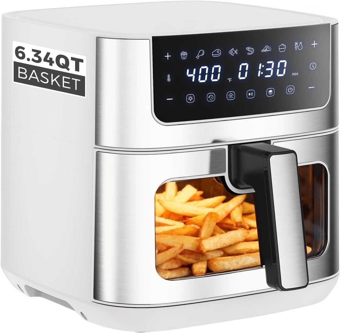 OLIXIS 6.34QT Air Fryer with Window, 8 Food Presets with 400F Max Heat, 90-Min Timer, Nonstick Dishwasher-Safe Basket for Air Fry, Roast, Reheat, Bake, Stainless Steel, White