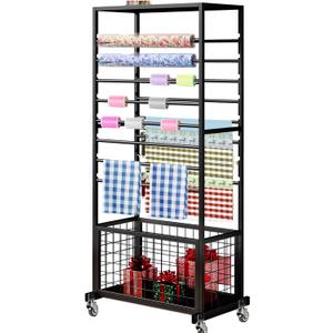 16 Tier Ribbon Holder Rack, Multifunctional Flower Wrapping Paper Rack,Double-Sided Ribbon Spool Shelf Suitable for Flower Shop, Craft Room, Cake Shop Ribbon Display Stand (Black)