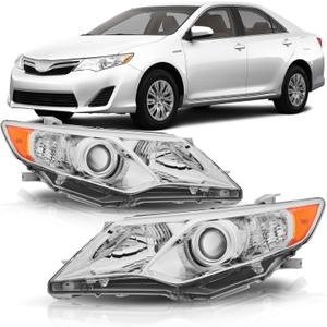Headlight Assembly Compatible with 2012 2013 2014 Toyota Camry L/LE/XLE/Hybrid LE XLE Halogen Headlamp, Chrome Housing Amber Reflector