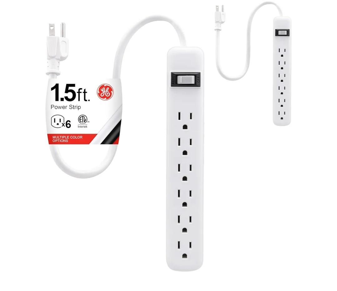 GE 6Outlet Power Strip, 2 Pack, 1.5 Ft Extension Cord, Heavy Duty Plug, Grounded, Integrated Circuit Breaker, 3Prong, Wall Mount, ETL Listed, White, 14833