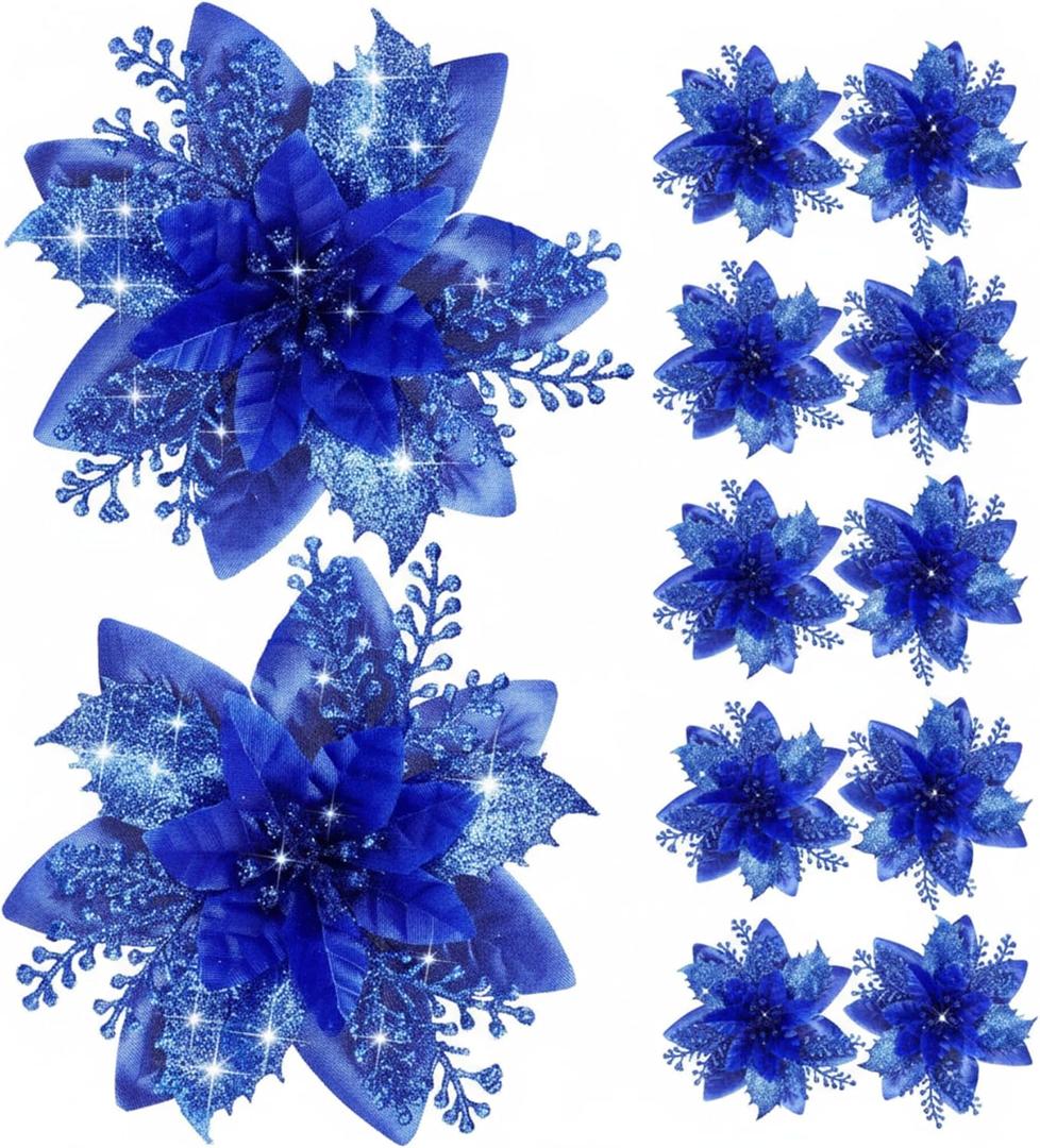 Canlierr 12 Pieces 5.7 Inch Christmas Poinsettia Flower Christmas Glitter Artificial Flower with Clips Xmas Tree Ornament for Wreath Garland Party Decor (Royal Blue)