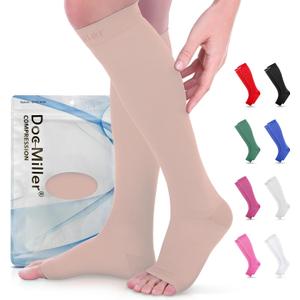 Doc Miller Open Toe Compression Socks for Women & Men 1520 mmHg, Knee High Calf Support Sleeves, Graduated Stockings for Swelling Recovery, Circulation, 1 Pair (XX-Large Regular, Beige)