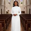 Nmoder Maxi Long Dress for Women, Casual Pleated Empire Waist Dresses Crewneck Long Sleeve (White, XL)