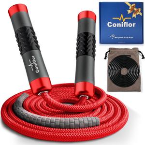 Weighted Jump Rope, 1LB Tangle-Free Ball Bearing Rapid Speed Skipping Rope for Men Women, Adjustable 9mm Cotton & PVC Rope with Alum Handle for Boxing MMA Weight-Loss Athletic Workout Fitness (Red)
