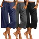 Locoowai 3 Pack Women's Capri Pants Casual Wide Leg Yoga Pants High Waist Drawstring Cropped Lounge Sweatpants with Pockets (Medium, Dark Blue, Heather Gray, Black)