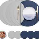 Myir JUN Round Placemats Set of 6 Faux Leather Place Mats and Coasters 15 inch Round Table Mats Dual Sided Non-Slip Stain Resistant Placemats (Light & Gray Blue, Set of 6)
