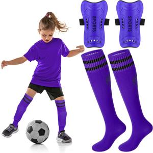 Syhood Soccer Shin Guards and Socks for Toddler Kids Youth, Lightweight Soccer Shin Pads Protective Defender Gear for 3-5, 5-10, 10-15 Years Old Children Teen Boys Girls Sports Game (Size M, Purple)