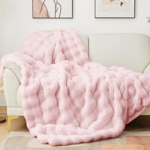 Latepis Pink Faux Fur Throw Blanket for Couch Bubble Cute Soft Warm Comforter Thick Furry Blanket for Sofa Bedroom Cozy Blankets for Women Gift Luxury Blanket for All Seasons 50''x60'', 860gsm