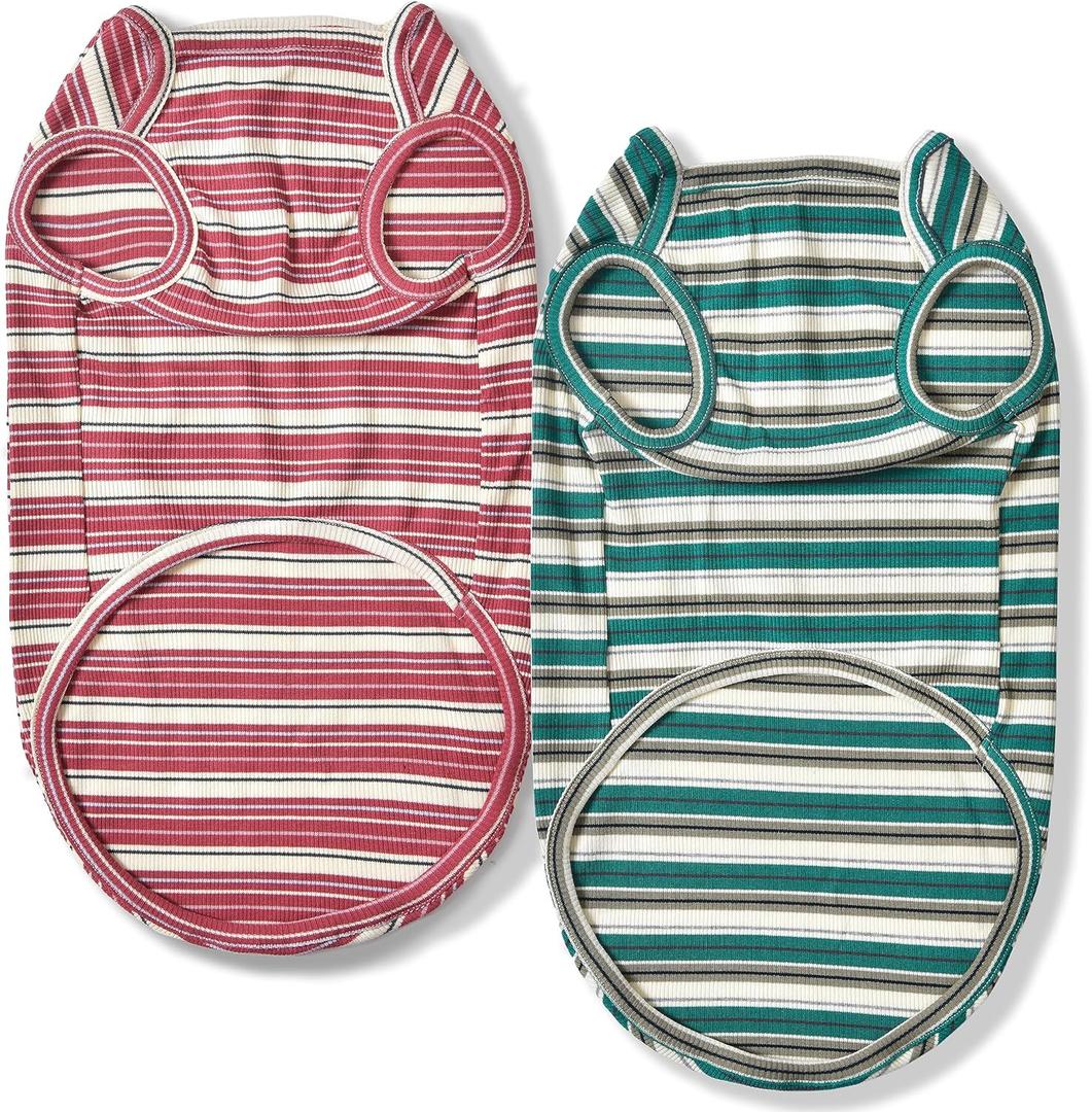 Dog Shirts Vest Cotton Striped T-Shirt, Sleeveless Stretchy Pet Clothes for Small Dogs, 2-Pack Soft Breathable Puppy Tank Top Cat Tee (Small, Pine Green,Plum Red)