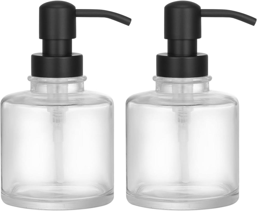2-Pack Clear Glass Soap Dispensers with Matte Black Stainless Steel Pumps, 12 oz Refillable Bottles for Kitchen & Bathroom (12oz-Black Pump)