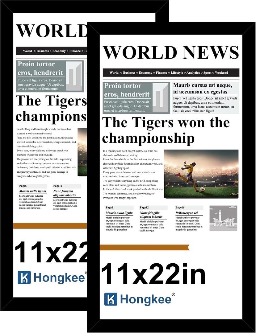 Hongkee 11x22 Newspaper Frame 2 Packs, Real Glass and Black Wood Frame, Display Panoramic 11 x 22 Magazine Frames - Horizontal or Vertical Wall Mounting
