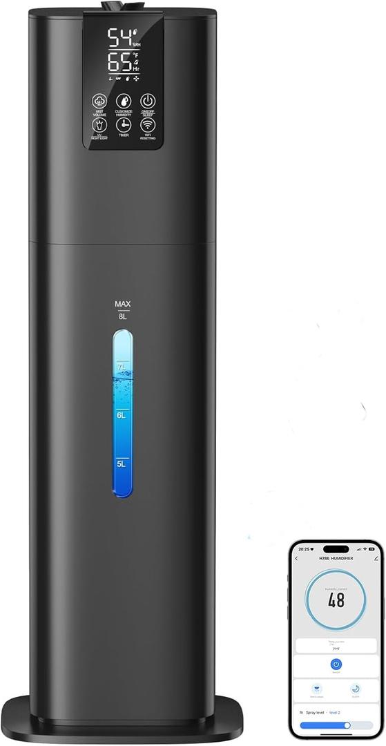 8L Smart Humidifier Large Room Bedroom Home, Quiet Top Fill Cool Mist Humidifier with Diffuser, Night Light, 3 Speed Humidifiers with 360 Nozzle, Timer, Humidity Setting for Plants Office Yoga Baby