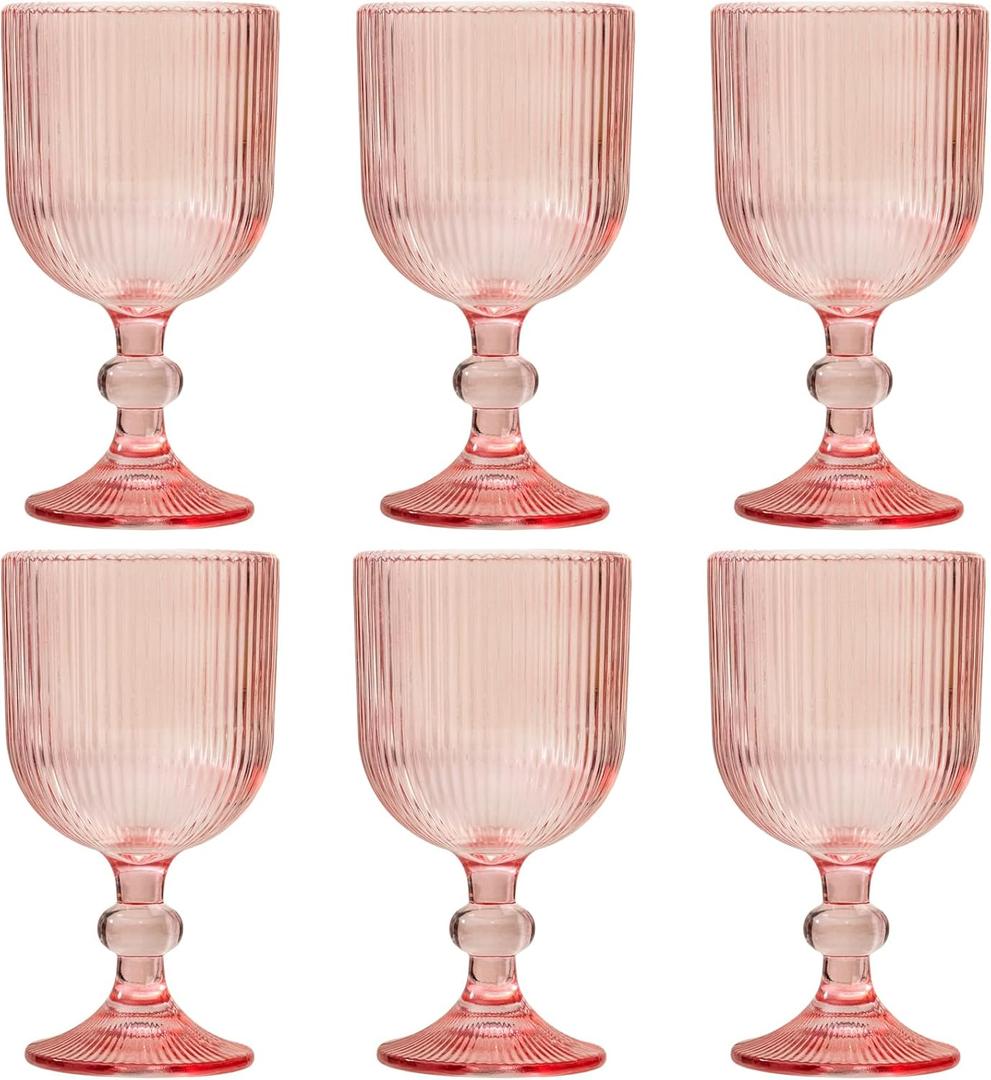 Pink Vintage Liquor Glasses Set of 6, 11 Ounces Colored Glass Water Goblets, Unique Embossed Pattern High Clear Stemmed Glassware Wedding Party Bar Glass Drinking Cups Fancy Glasses Hand Wash Only