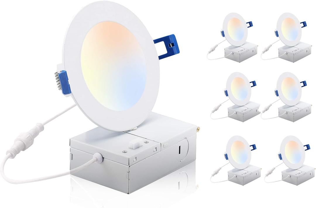 CLOUDY BAY 4 inch 3000K/4000K/5000K Three Color Temperature Selectable, Dimmable 10W CRI 90+,Ultra Thin Recessed Downlight with Junction Box, Canless Wafer Down Light, Damp Location,White Finish, 6PK (3CCT)
