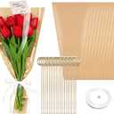 HJORZMM 50 PCS Flower Bouquet Wrapping Bags Paper with 50 PCS Floral Card Holder Picks and Ribbons, Flower Wrapping Brown Paper Sleeves for Flower Bar, Mother's Day, Graduation, Valentine, Birthday