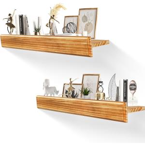32 Inch Picture Ledge Shelf with Lip,Floating Shelves for Wall, Set of 2 Solid Pine Wood Shelves with Invisible Brackets, Wall Storage for Living Room, Bedroom, Kitchen, Bathroom(Carbonized Brown)