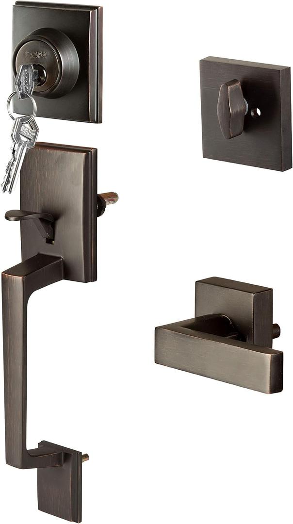 Ilyapa Front Entry Door Exterior Handleset - Modern, Entry Door Locksets with Deadbolt Low Profile Lock Set Handle, Single Cylinder Deadbolt and Lever, Oil Rubbed Bronze Lock Set