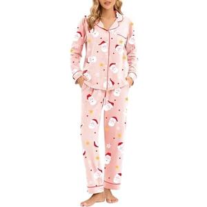 LUBOT 100% Cotton Pajamas for Women PJ Set Soft Button-Down 2 Piece Set Knitted Long Sleeve Sleepwear Loungewear M