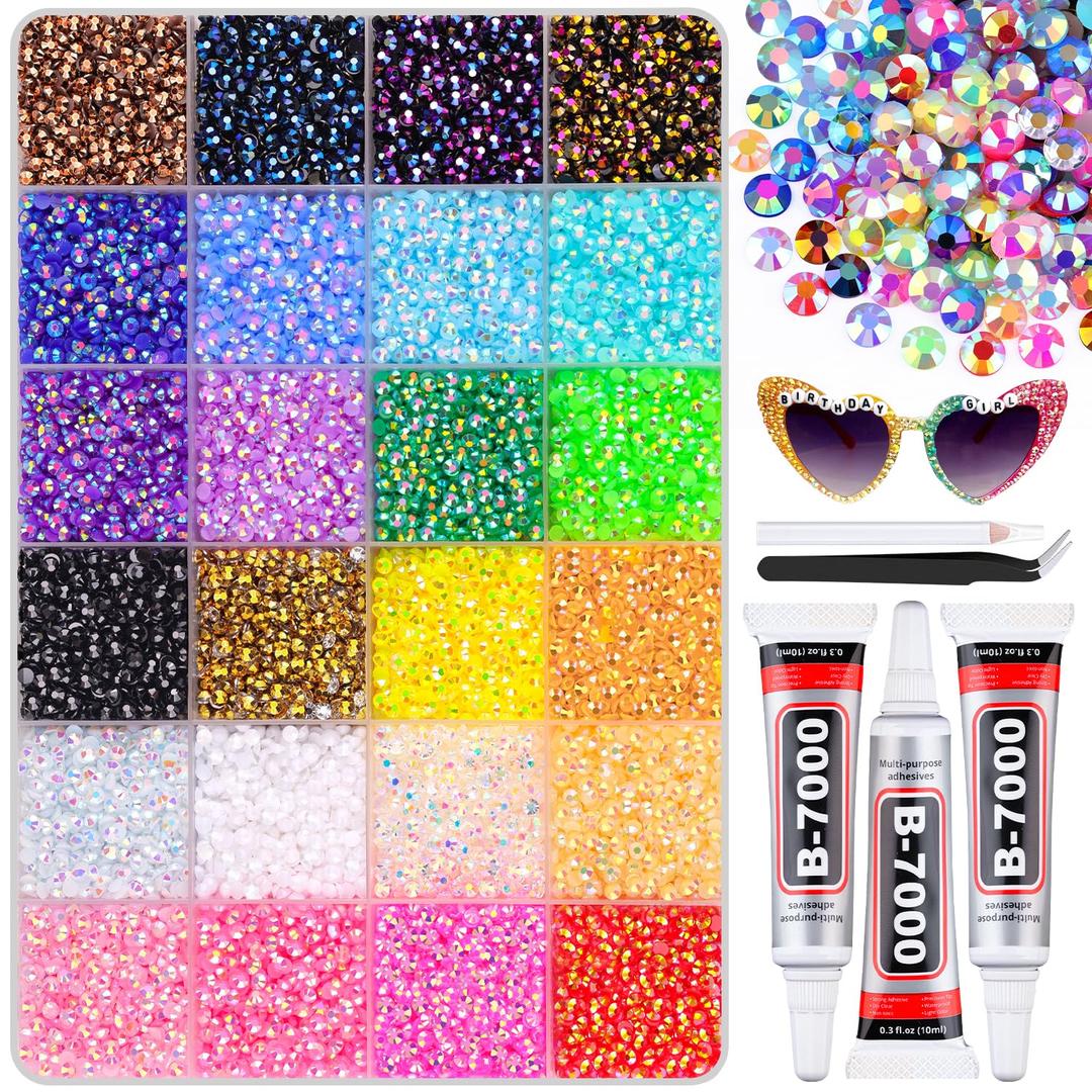24000Pcs Resin Rhinestones with B7000 Jewelry Glue for Crafting, Multicolors 3mm Non Hotfix Flatback Gems, Bedazzling Crystal for DIY Crafts Clothing Tumblers Mugs Shoes Fabric Decor Nail Art (Large Pack + 3Pcs Glue, Jelly Multicolored 3mm)
