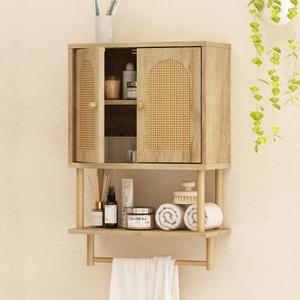RUSTOWN Rattan Bathroom Wall Cabinet, Modern Boho Medicine Cabinet with Two Arched Rattan Doors, Over The Toilet Storage Cabinet with Adjustable Shelf and Towel Bar for Bathroom (Natural, Small)