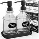 Soap Dispenser - 2 Pack, Antique Design Thick Glass Hand Soap Dispensers with Sturdy Tray; 304 Rust Proof Stainless Steel Black Pump, 12Pcs Stickers, for Kitchen, Bathroom