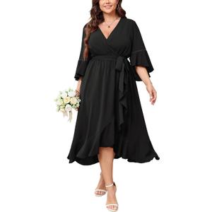 SCOMCHIC Womens Plus Size Wedding Guest Dress Fall 3/4 Sleeve Wrap V Neck High Low Ruffle Hem Maxi Cocktail Formal Dresses (X-Large Plus, Black)
