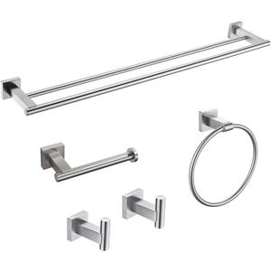 Miyili 5-Piece Bathroom Hardware Kit Set Brushed Stainless Steel Wall Mount - Includes Double Towel Bar, Hand Towel Rack, Toilet Paper Holder, 2X Robe Hook, BS02N5