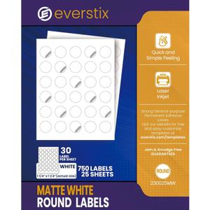 Printable Round Labels, 1.25" Diameter, 750 Matte White Stickers, 25 Sheets, for Laser and Inkjet Printers